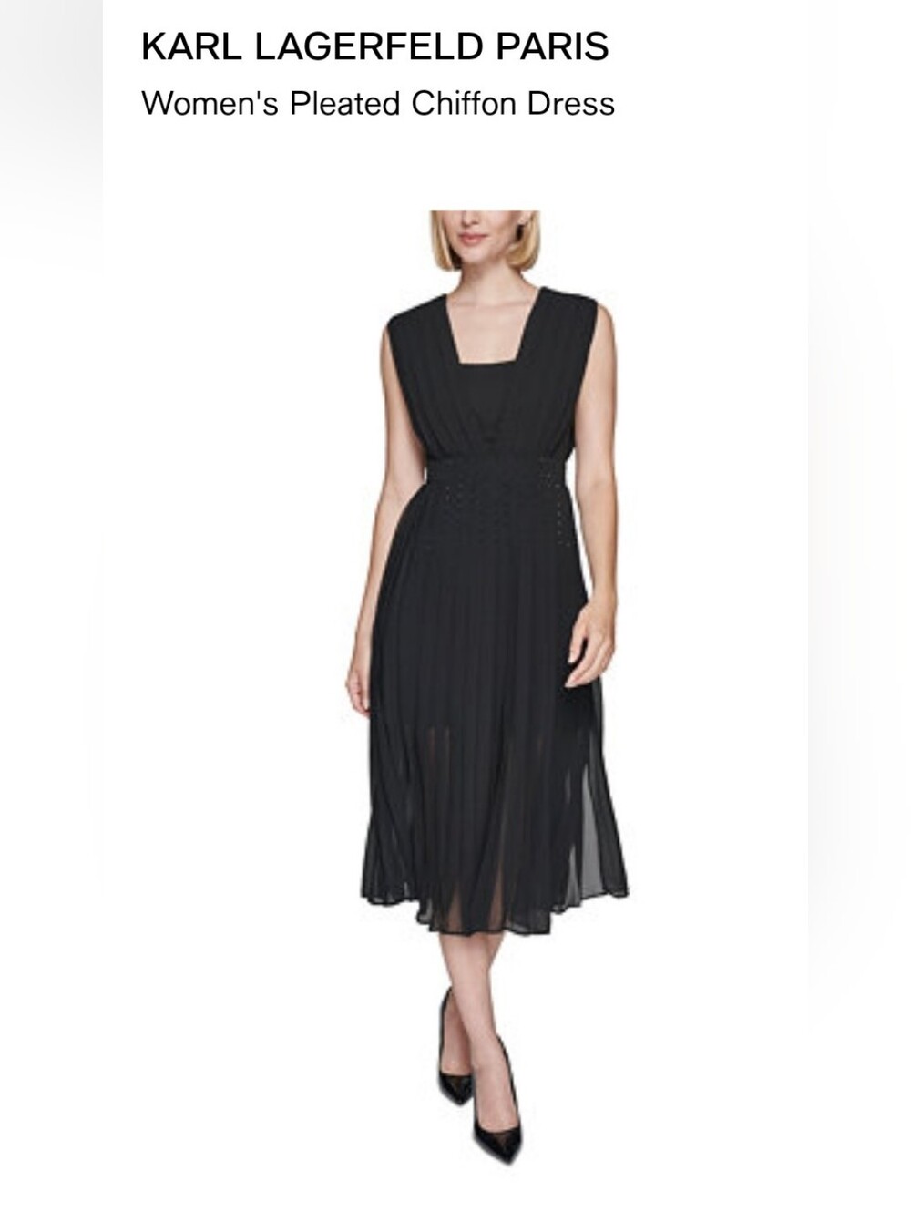 Karl Lagerfeld Black Pleated Midi Chiffon Dress